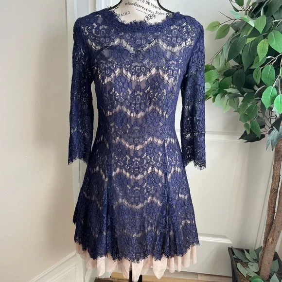 Betsy & Adam | Dresses | Betsy Adam Lace Tulle Long Sleeve Dress Navy Sz |  Poshmark